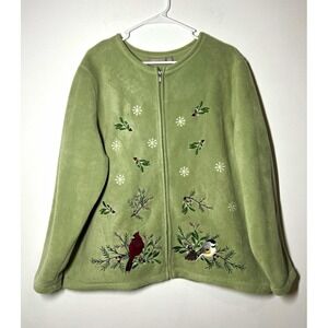 Croft & Barrow Women's 1X Green Full Zip Fleece Jacket w/Bird & Snow Embroidery